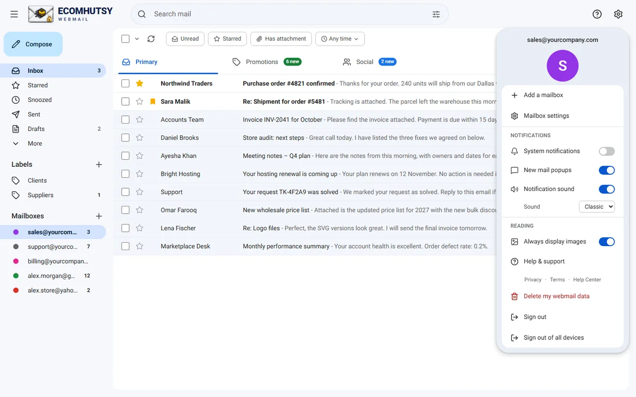 The settings menu showing the open mailbox