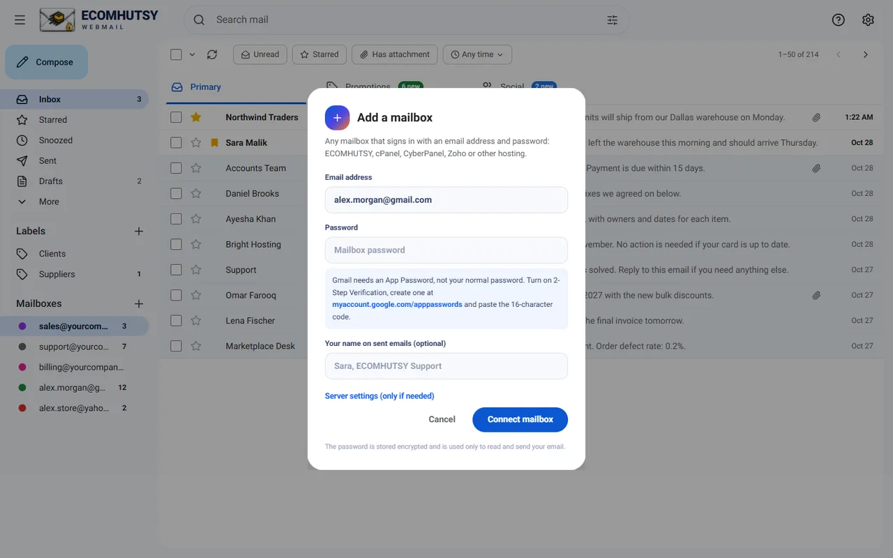 Adding a Gmail mailbox in ECOMHUTSY Webmail with the App Password steps shown